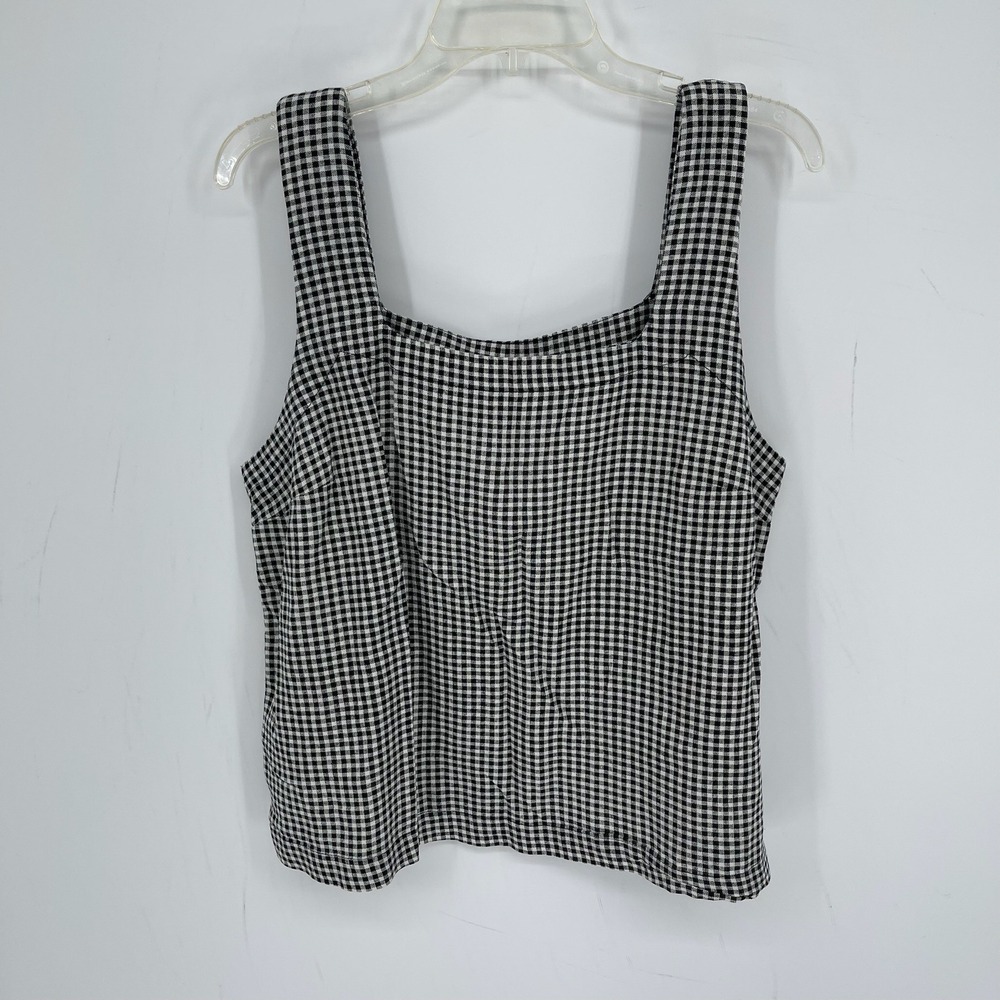 A New Day Women's Black Gingham Linen Blend Square Neck Retro Tank Top Size L
